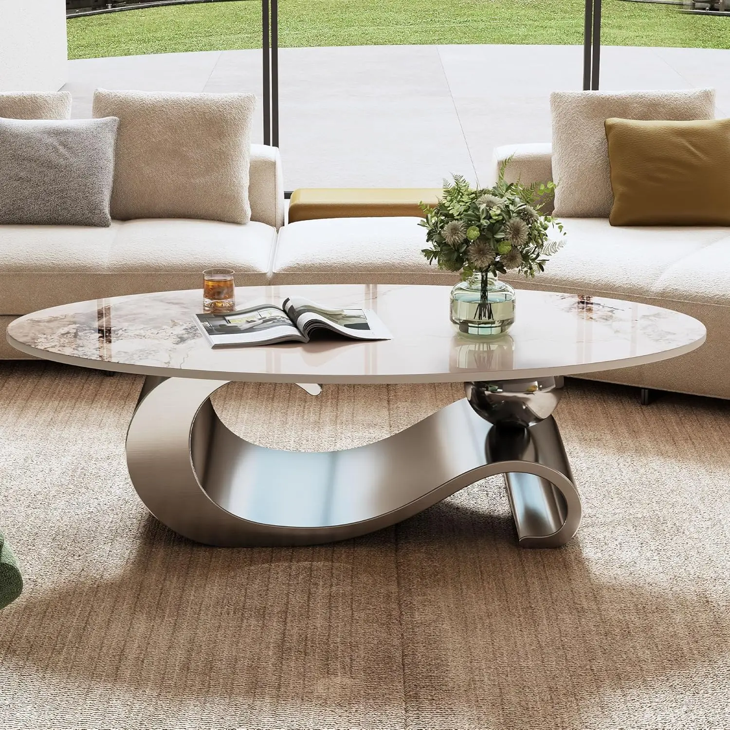 

Modern Faux Marble Coffee Table with Storage, White Sintered Stone Top, Gray Geometry Stainless Steel Base, Oval Coffee Center T