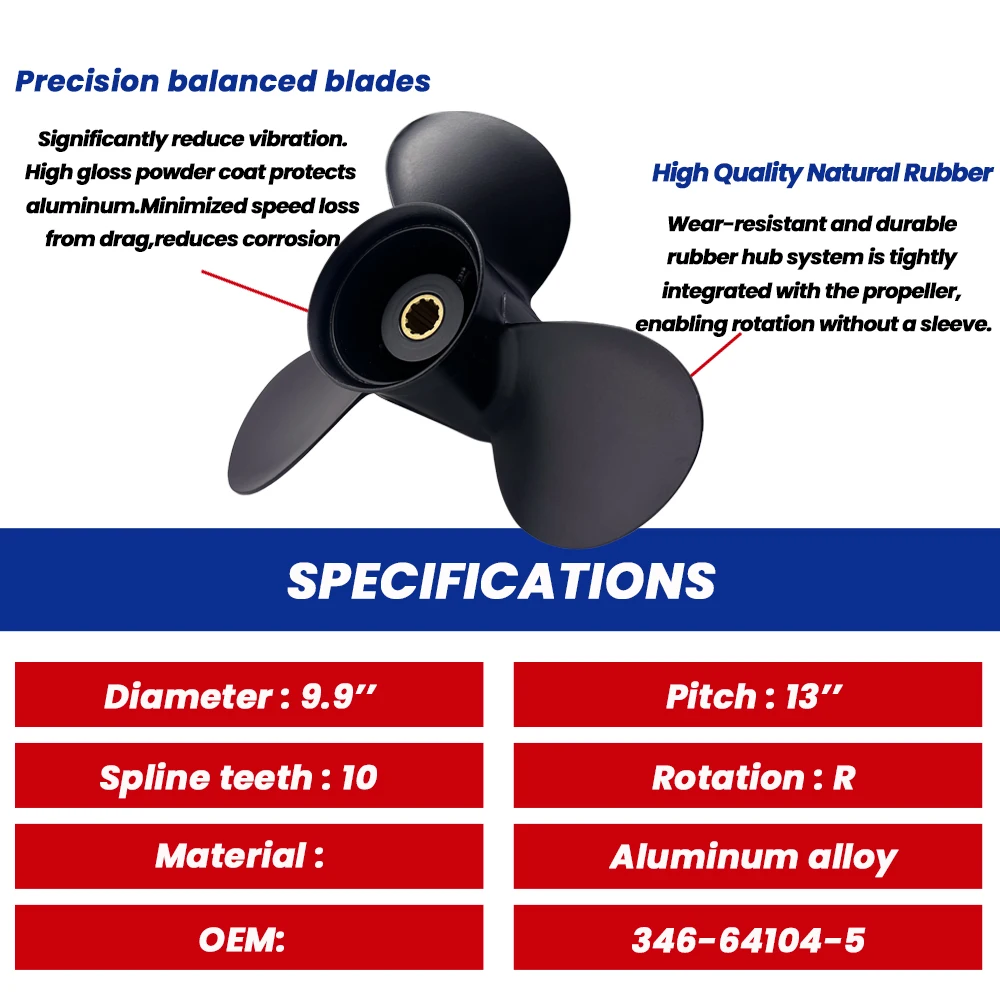 Outboard Propeller Fit Tohatsu 25HP 30HP Boat Motor 9.9*13 Aluminum Alloy Screw 3 Blade 10 Spline Tooth 346-64104-5