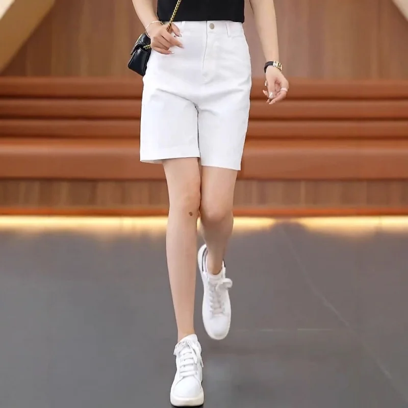 

Soft Denim Shorts for Women, Summer Thin High Waist Versatile Slimming A-Line Wide Leg Casual White Five-Point Pants