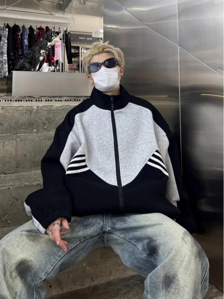 

Мужской свободный повседневный кардиган-свитшот с воротником-стойкой, в стиле пэчворк, с цветными блоками и американской полоской, весна-осень, новинка