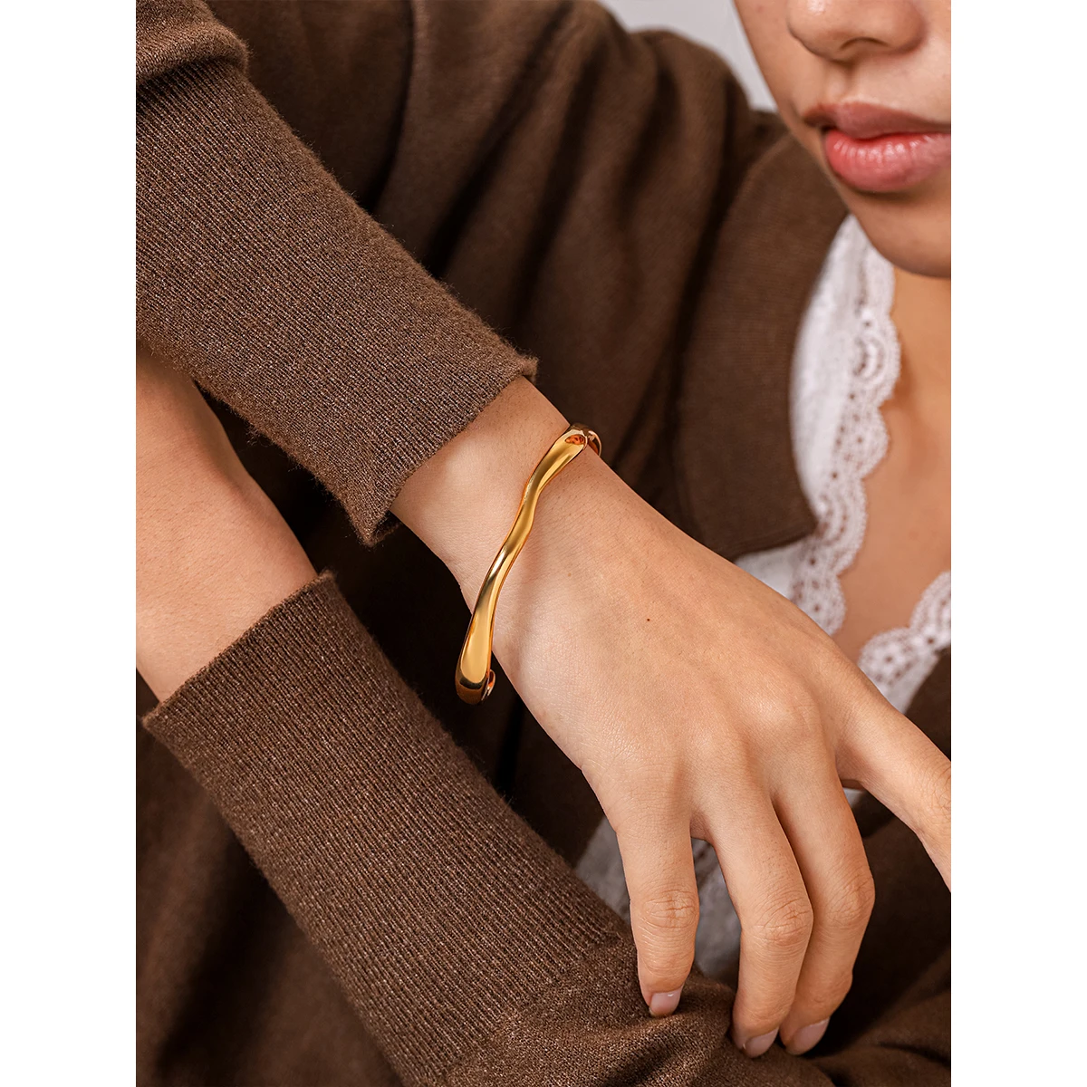 

Stainless Steel Gold Plated Organic Shape Wavy Statement Cuff Bangle Waterproof No Fade for Women Evening Party Wear