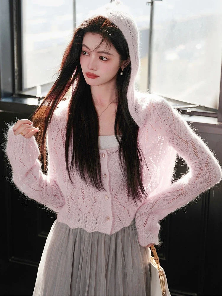 Deeptown Korean Style Pink Cropped Cardigan Women Sweet White Hooded Knitted Sweater Casual Hollow Out Long Sleeve Tops Autumn