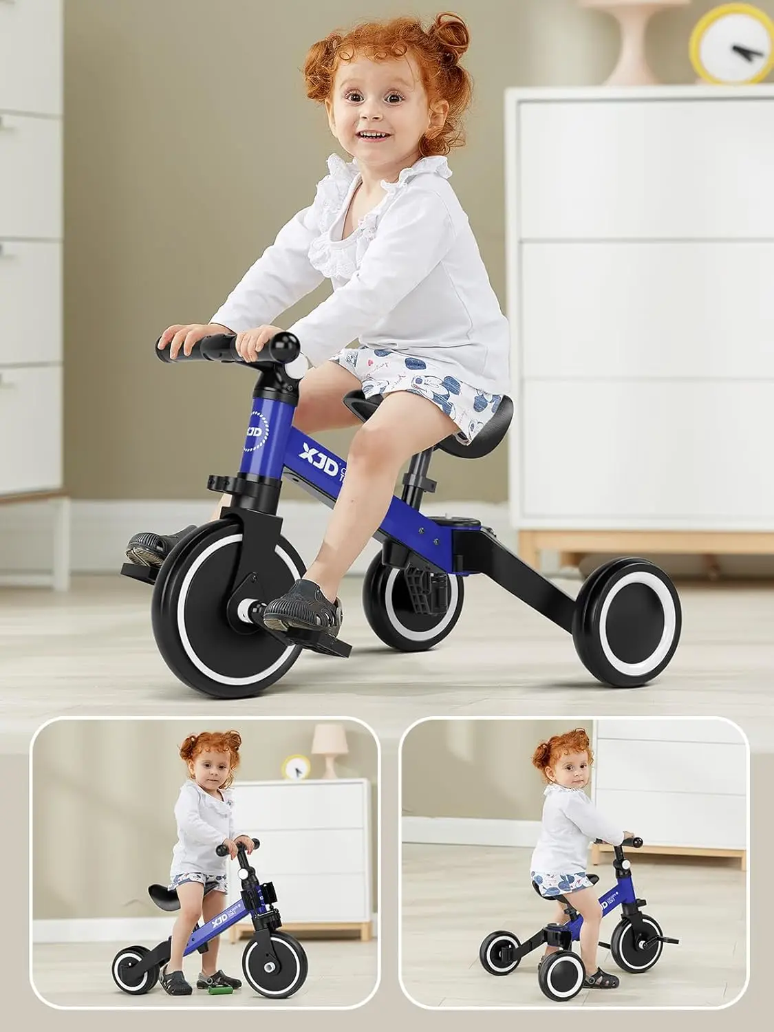 5 in 1 Toddler Bike, Tricycle for Toddlers 1-3 with Adjustable Seat Height, Removable Pedals, Ideal Balance Bike Birthday Gifts