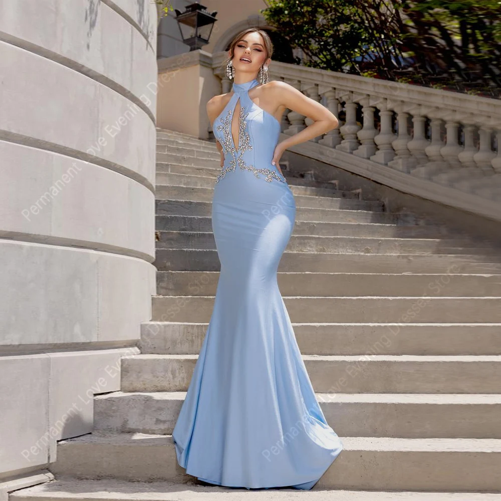 

Sexy Mermaid Women Evening Dresses Fascinating Halter Satin Prom Gowns Cocktail Party Mopping Length Robes de soirée Customized