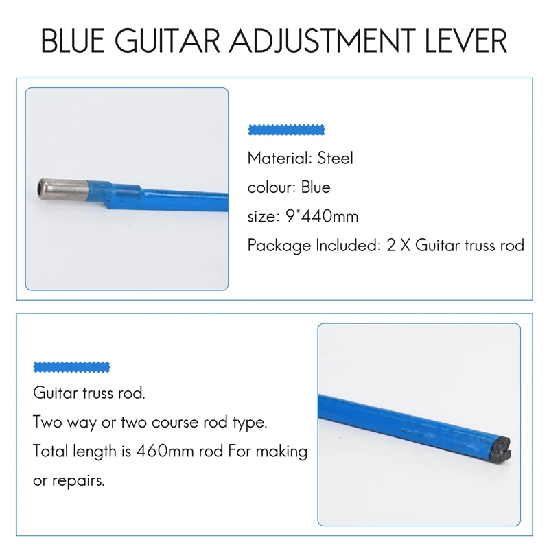 Truss Rod per chitarra tipo asta bidirezionale da 2 pezzi in acciaio 9 x 440 mm Blu-ABFB