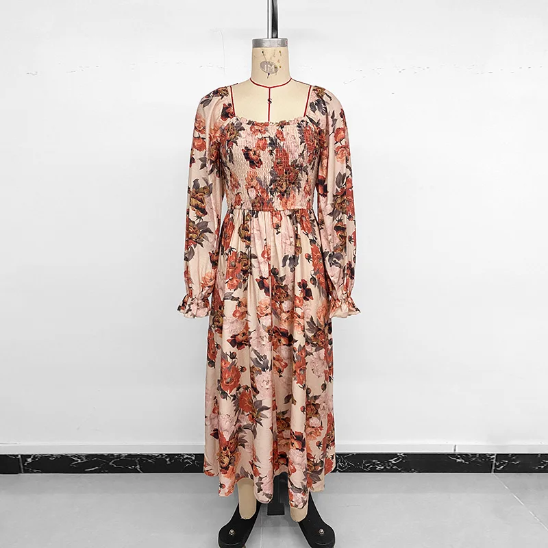 Benuynffy ساحة الرقبة عارية الذراعين عطلة فستان طويل المرأة خمر رومانسية أنيقة طباعة ألف خط فساتين طويلة الأكمام 2025 الخريف #5