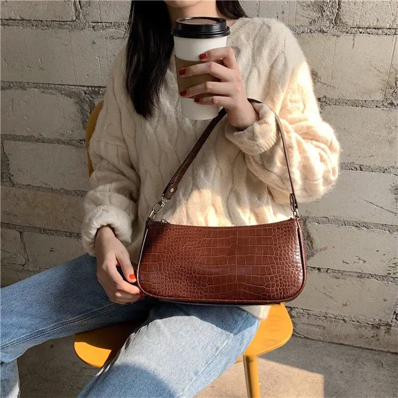 French Design Ladies Retro Armpit Bag Crocodile Pattern PU Leather Women Shoulder Bags Solid Color Girls Clutch Purse Handbags