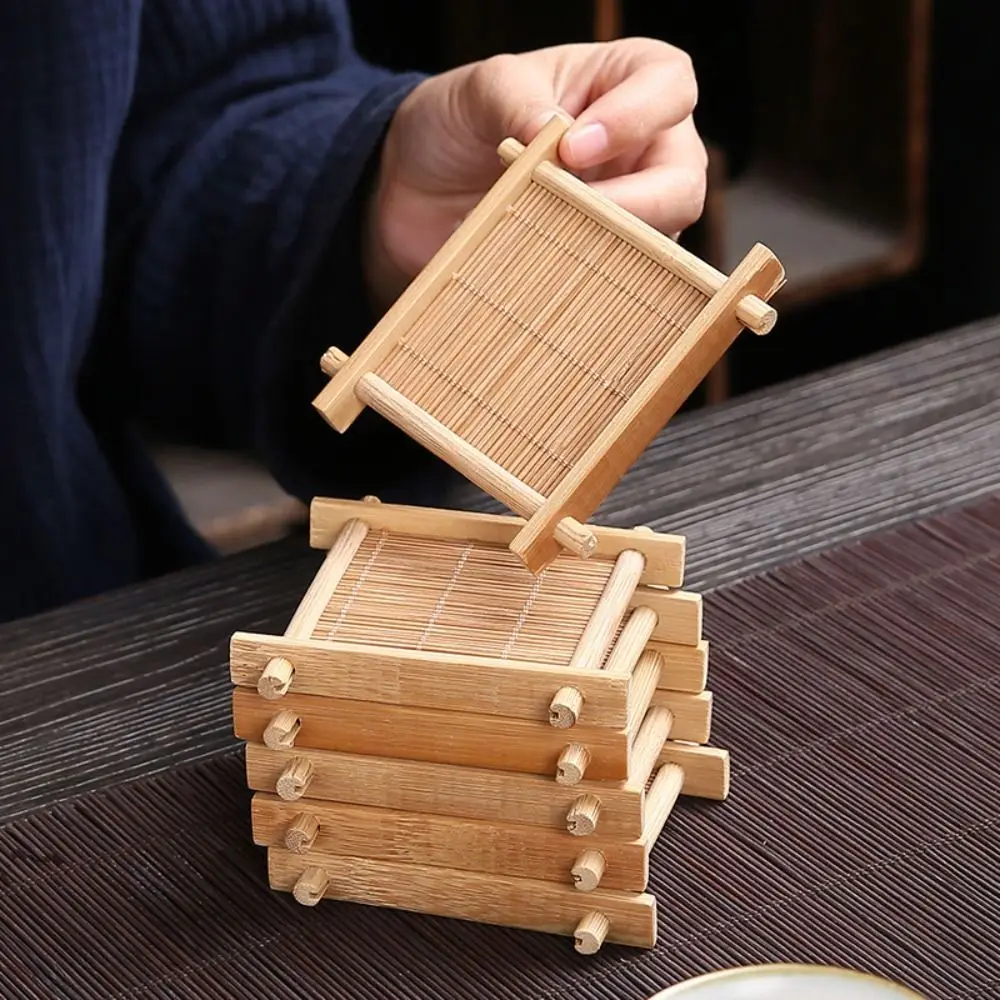 Retro Square Bamboo Teacup Pad Coffee Cup Mug Cup Tableware Heat Insulated Coasters Kitchen Restaurant Decorative Accessories