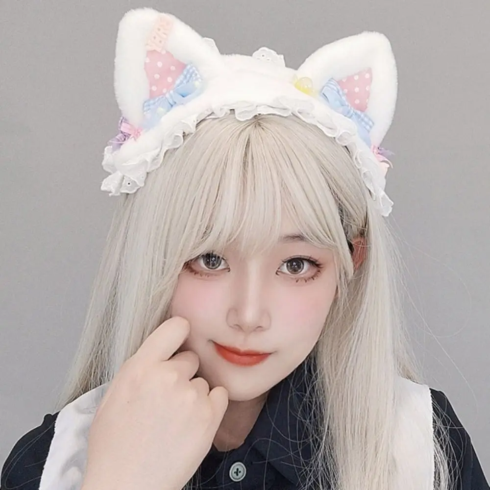 

Cute Bow Cat Ears Headband Lace Plush Bear Ear Hair Band Furry Hair Clip Lolita Bandeau Lolita Accessories