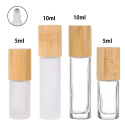 6/12/24pcs 5ml/10ml Portable Glass Roll on Refillable Bottle for Essential Oil with Stainless Roller and Bamboo Lid Perfume Vial