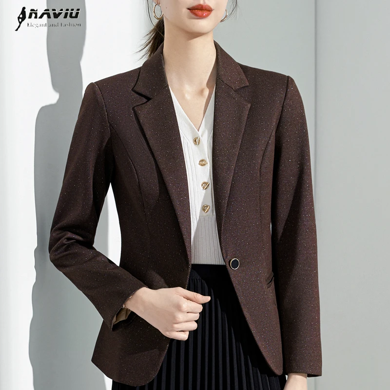 

NAVIU Fashion Women Blazer New Autumn Winter Temperament Formal Slim Long Sleeve Single Button Jacket Office Ladies Work Coat