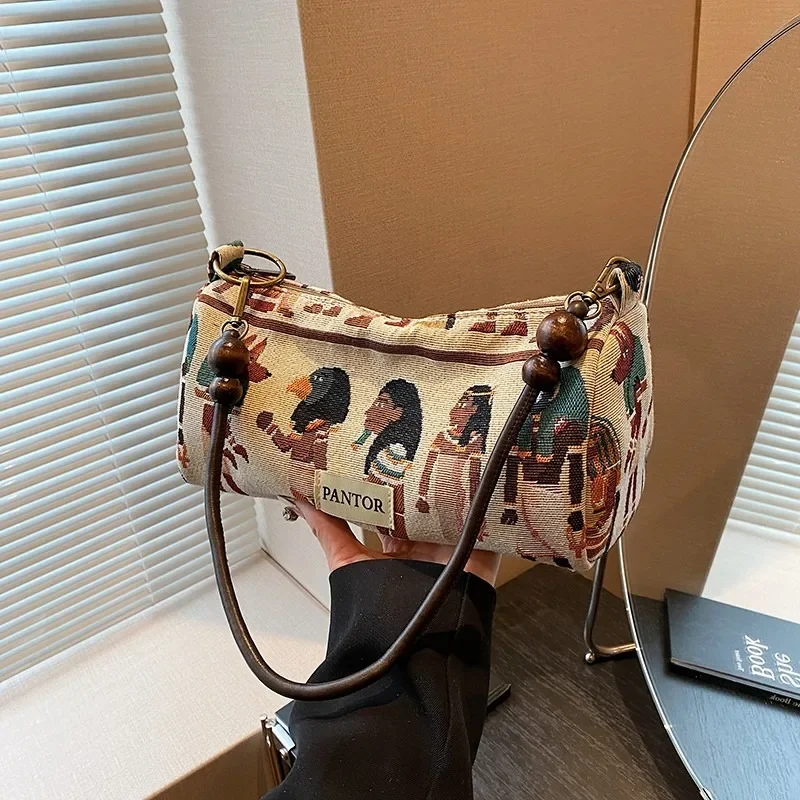 Bolso de hombro con estampado de Faraón Egipcio para mujer, bolsa de lona con cremallera, de Color sólido, a la moda, gran oferta, 2024