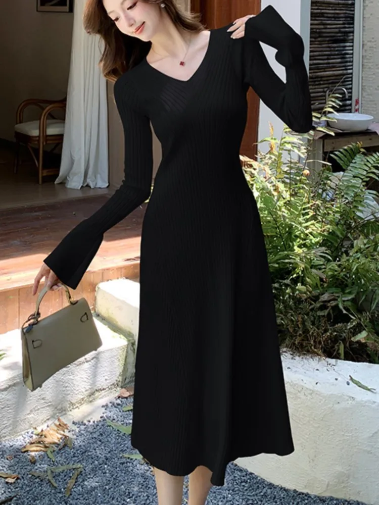 Elegant Vintage Solid Knitted Dress for Women V-Neck Long Sleeve Bodycon Evening Dresses Autumn One Piece Female Casual Clothes