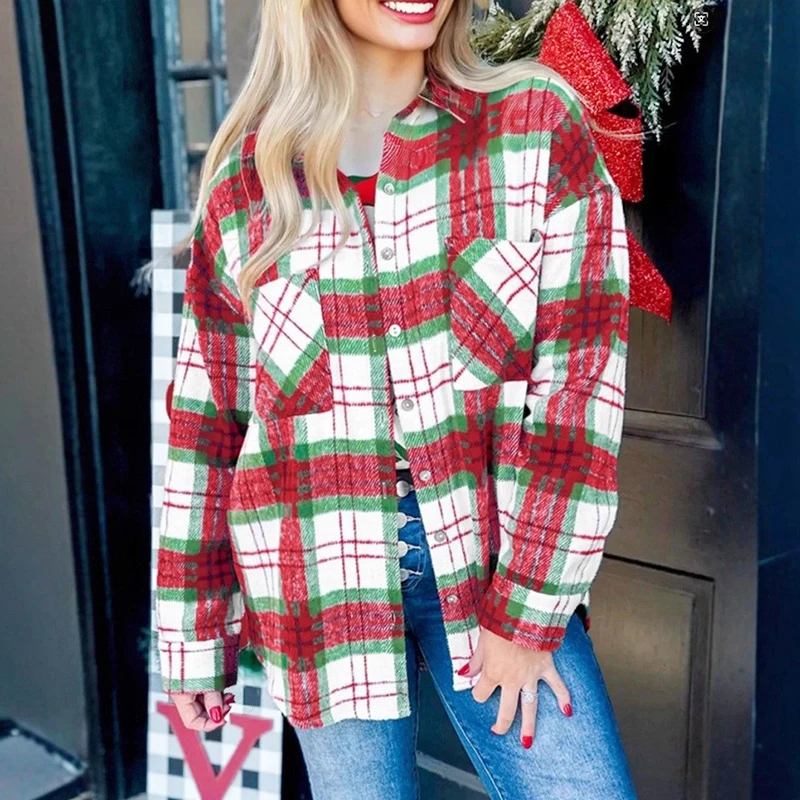 

New Autumn Winter Woolen Plaid Printed Jackets For Women Turn Down Collar Long Sleeve Coat Women Button Shirt Cardigan Christmas