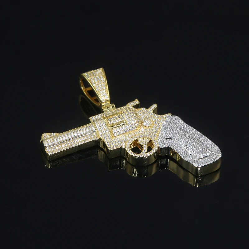 Iced Out Bling Hip Hop CZ Revolver Gun Pendant Necklace Gold Color Cubic Zirconia Pistol Charm Necklaces Men Fashion Jewelry