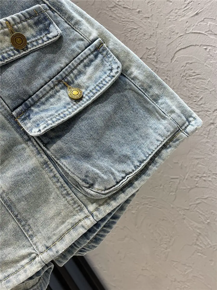 Denim Short Skirt Zipper Pocket Wash 2024 Summer New Explosive Street Style Bag Hip Skirt Women'S Trend