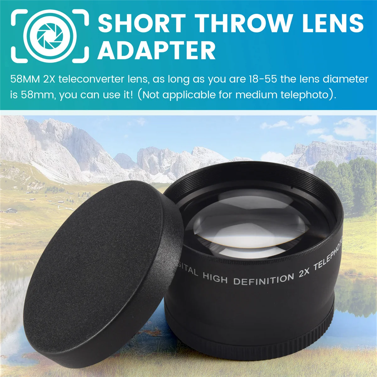 A26P 58mm 2X Telephoto Lens Tele Converter لكاميرات Canon Nikon Sony Pentax 18-55mm