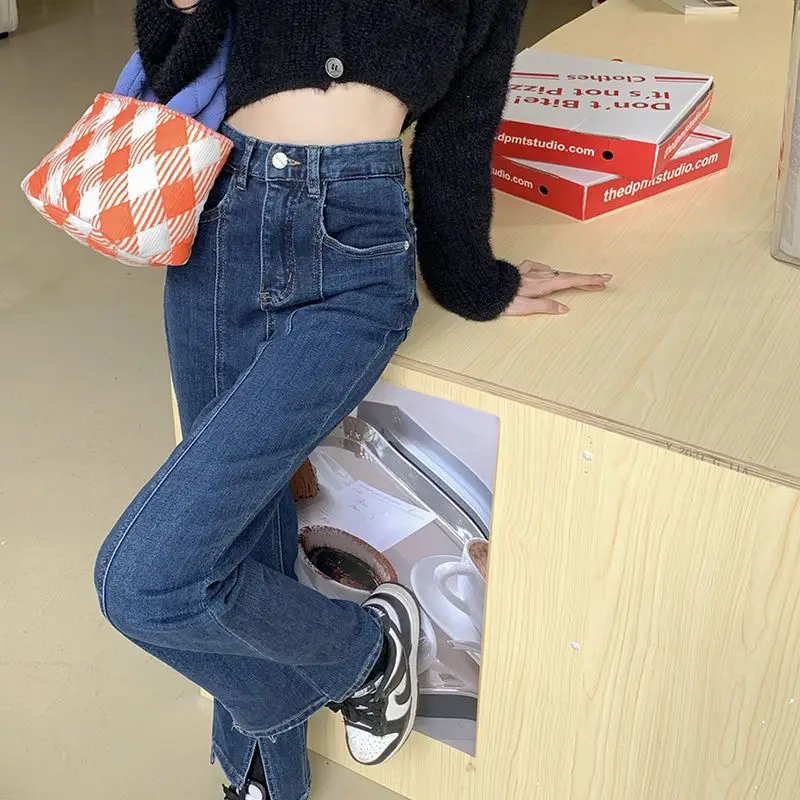 Jeans Split Irregular Design Winter Female 2024 New High Waist Slim Joker Design Sense Split Dark Blue Bell Bottoms Tide