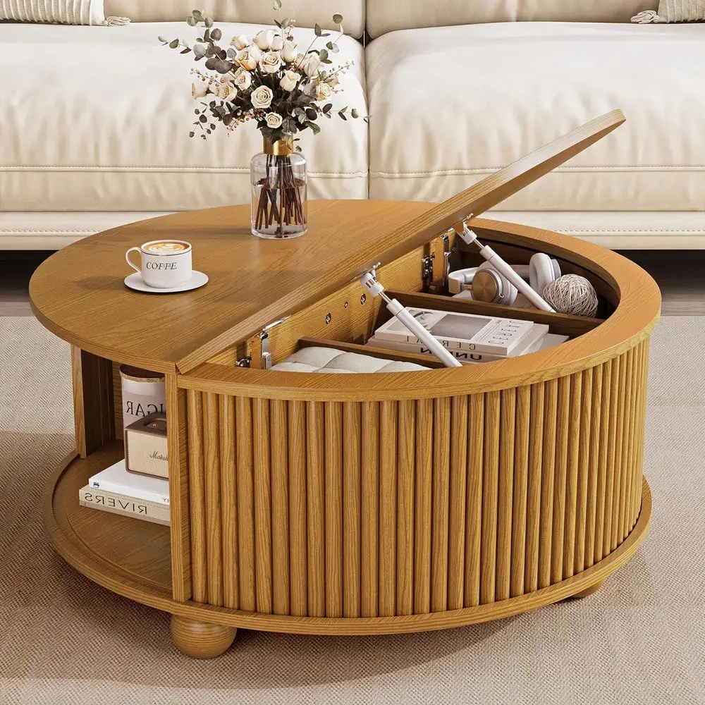 

Круглые журнальные столики, круглый стол-барабан 31,5 дюйма в стиле Century с местом для хранения, акцентный журнальный столик с раздвижной дверцей шкафа для гостиной