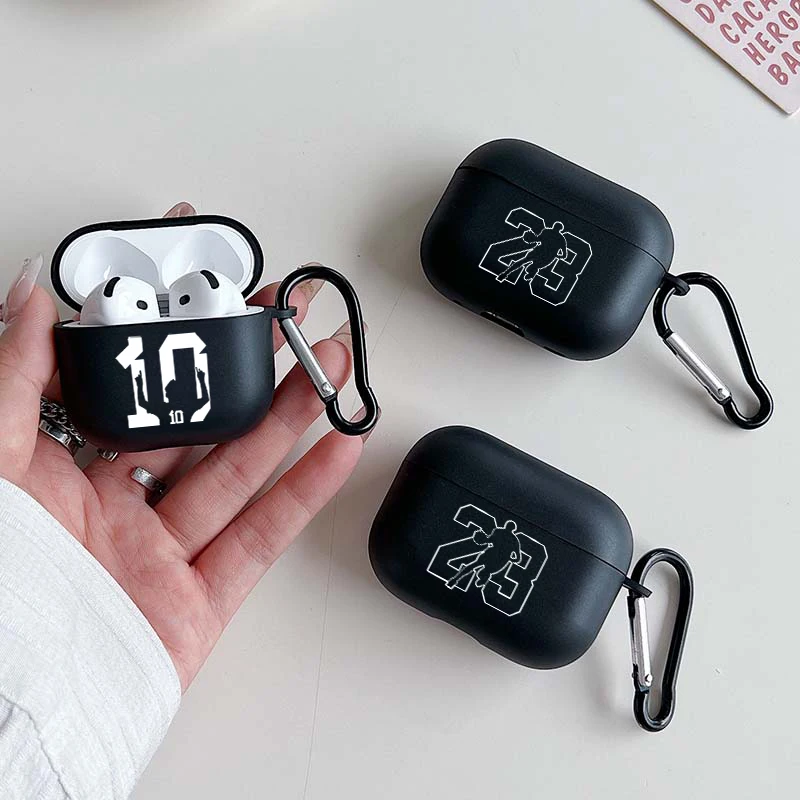Football 10 Basketball 23 Case For AirPods Pro2/Pro3/Pro Earbuds Case For AirPods 4/3/2/1 Black Protective Cover With Carabiner