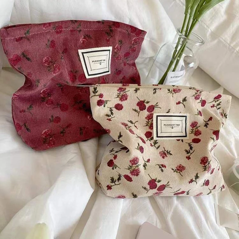 Sac à cosmétiques en velours côtelé pour femmes, pochette à fleurs, trousse de beauté, trousse de toilette mignonne, grands sacs d'évaluation de maquillage, poudres cosmétiques coréennes