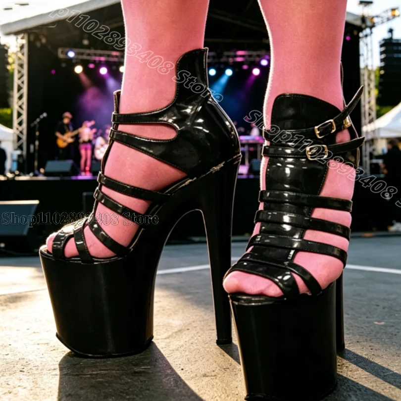 

Black Ankle Buckle Platform Sandals Cover Heels Patent Leather Open Toe Fashion Summer Women Dancing Sandals Zapatos Para Mujere