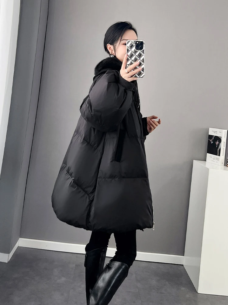 High Quality Mink fur collar down jacket for women 2023 Winter Oversized Lantern sleeve puffer coat Black Parkas INKEO 3O200