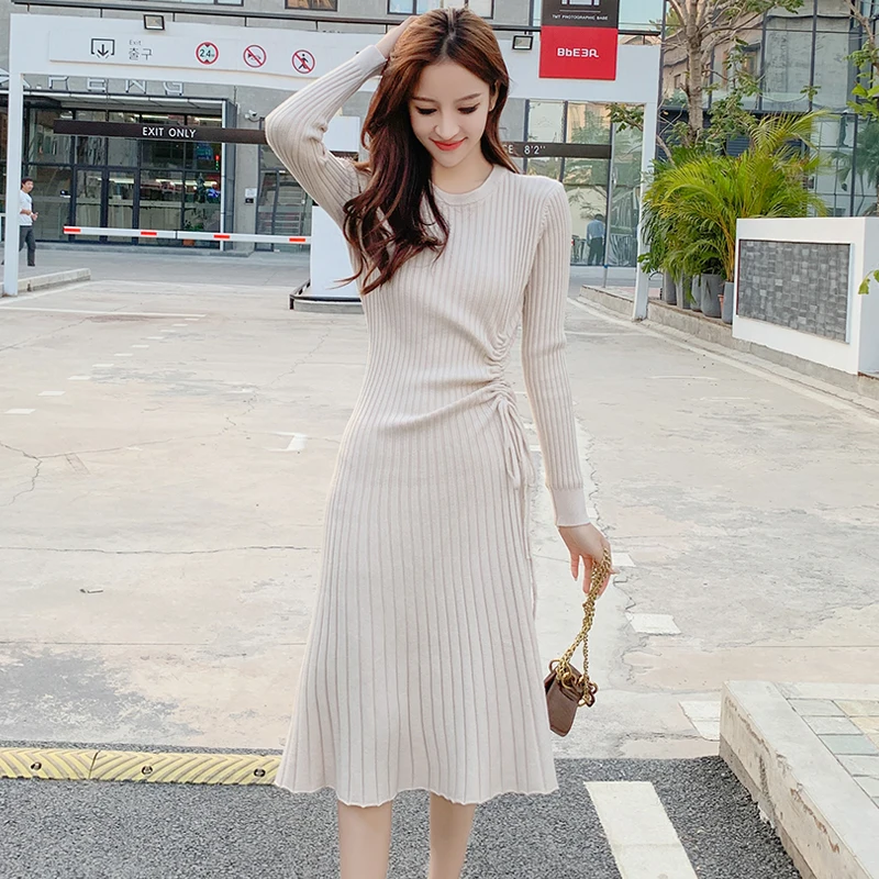 Autumn New Slim Fit Slimming O-Neck Drawstring Knitted Dress For Wome Simple Temperament Elegant Long Sleeve Mid Length Dress