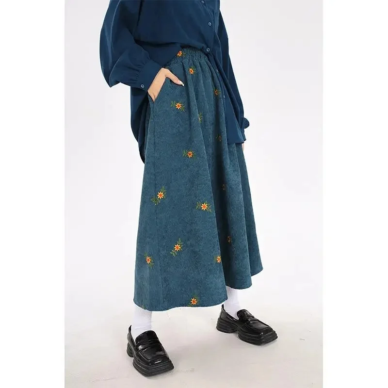 

Retro Fashion spring Autumn Winter Skirt Women Elastic Waisted Embroidery Corduroy Skirt Versatile Casual A Line Skirts