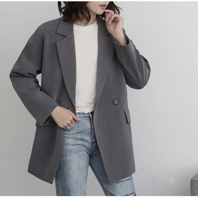 2023 Women Elegant Lapel Single Button Black Blazer Spring Autumn Gray Vintage Jacket Coat Ladies Workwear Female Formal Clothes