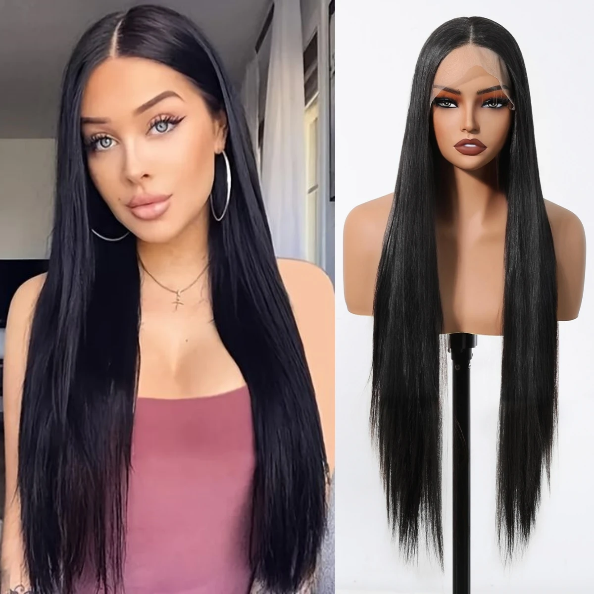 Super Long Black Synthetic Lace Front Wigs Layered Straight Hair for Women 13*3.5 Lace Front Wig Cosplay Daily Heat Resistant