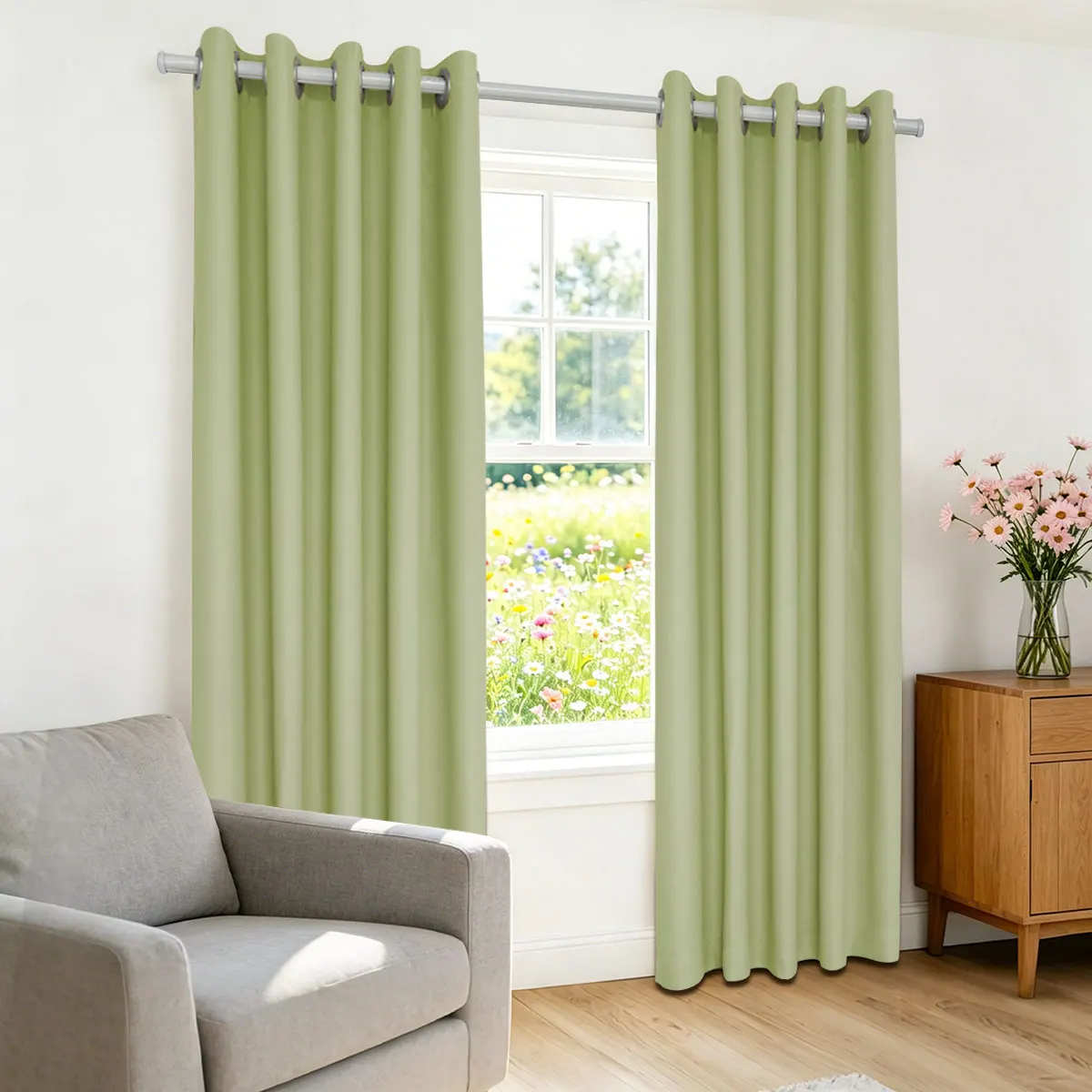 Sage Green Solid High‑Density Blackout Curtain, Grommet Top, Privacy Window Curtain for Bedroom Living Room, 2 Panels