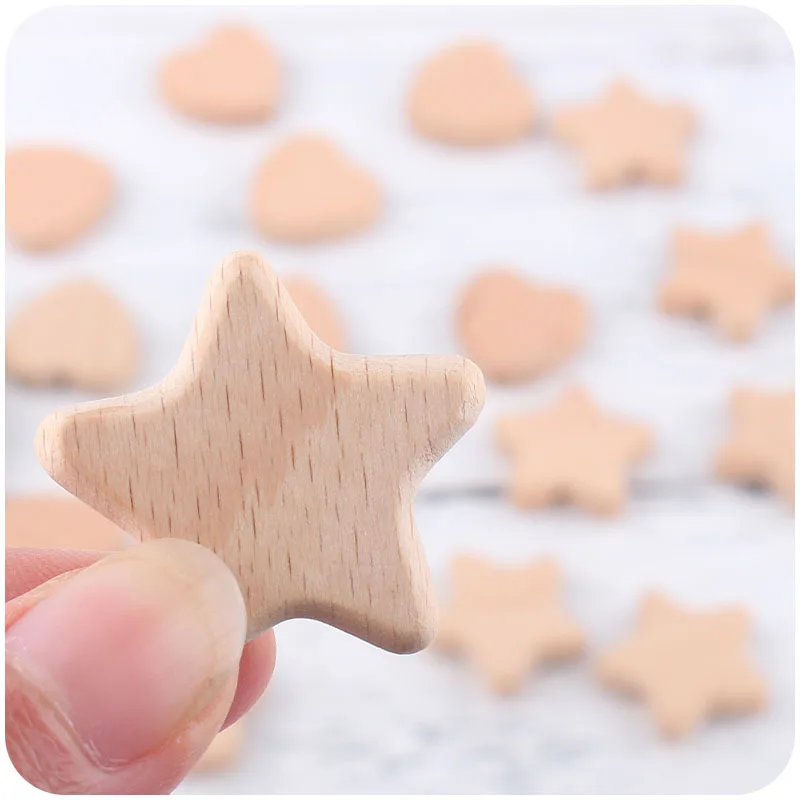 5/10Pcs Beech Wooden Beads Heart Star Shape Loose Beads Baby  Teether ChewableTeething Bead for Handmade Pacifier Chain