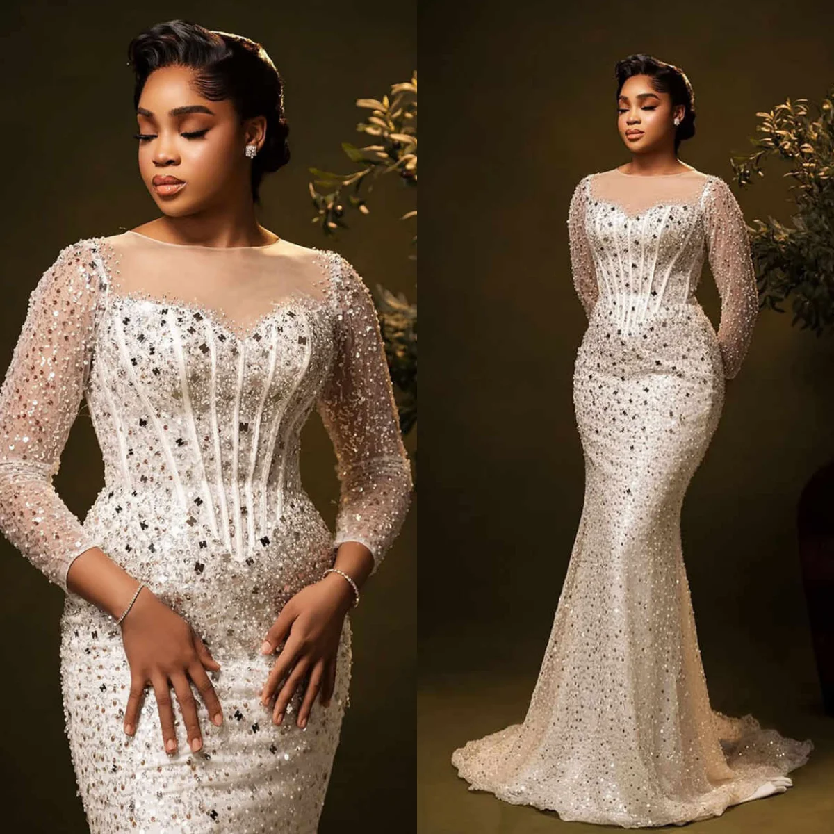 

Elegant Sequins Mermaid Wedding Dresses O Neck Long Sleeve Bridal Gowns Beaded Sweep Train Vestidos De Novia Customized