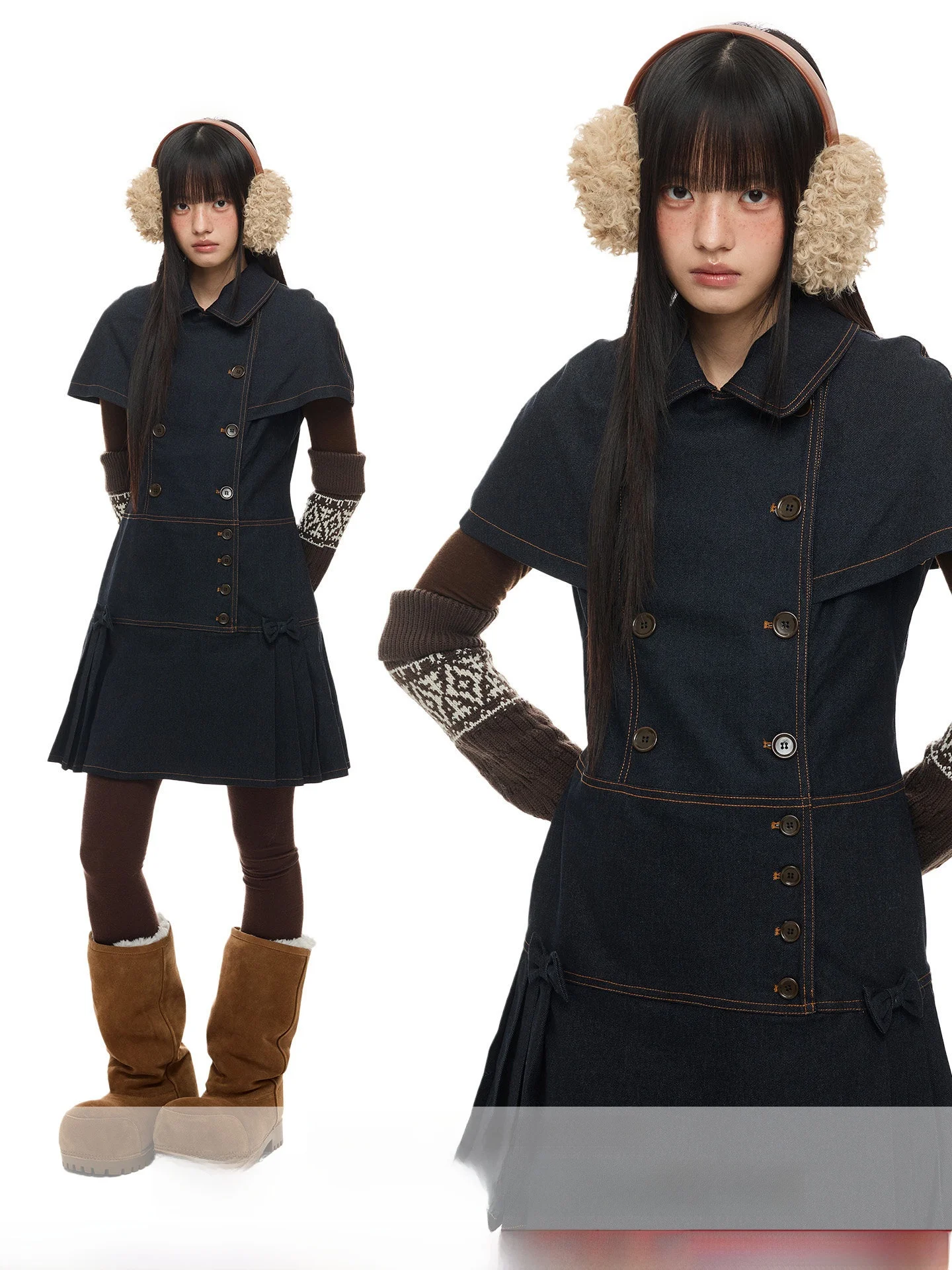JIKOO Vestido vaquero vintage de verano con cuello Peter Pan, vestido casual de mezcla de algodón de manga corta, falda acampanada para mujer joven