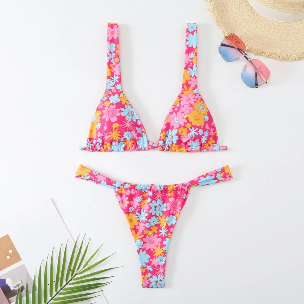 Bikini Set with Floral Print Floral Print V-neck Bikini Set with High Waist Reversible Beachwear for Women Quick for Summer