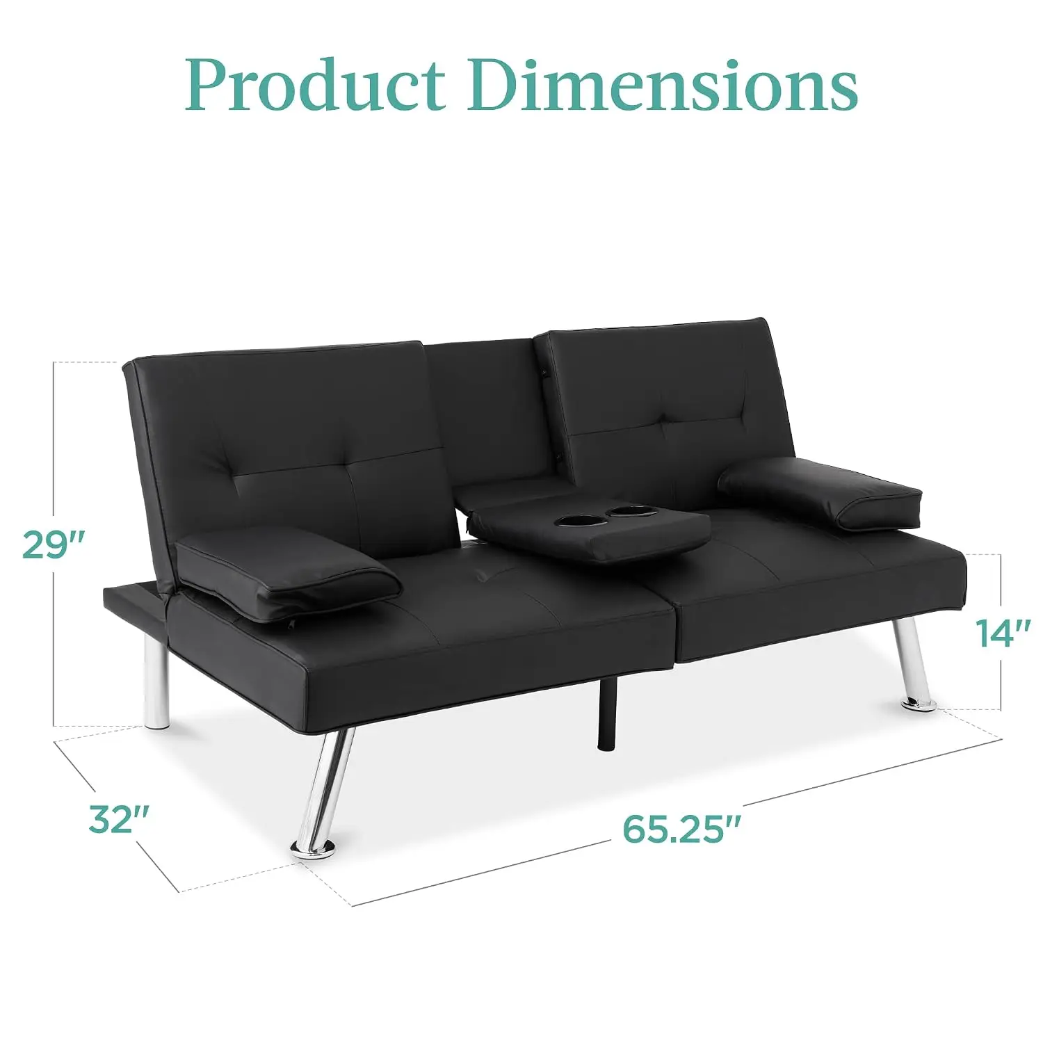 Faux Leather Convertible Futon Sofa Bed w/Adjustable Back, Removable Armrests, Guest Sleeping, Black, Customized