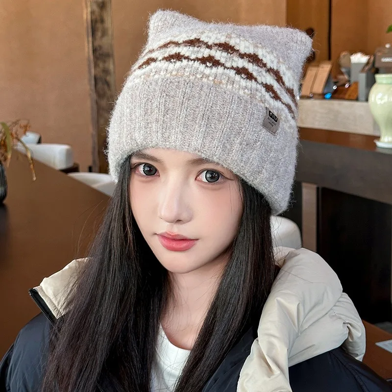 New Christmas cute antler knitted hat for women suitable for winter warm woolen hat with padded ear covers head covering hat