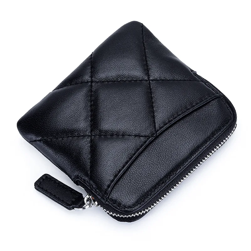 Luxury Embroidery Sheepskin Female Short Wallet Brand Check Thread Genuine Leather Mini Zipper Card Holder Coin Purse for Women