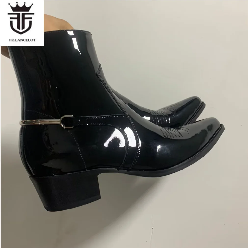 Factory Real Photo men black Shiny leather boots zip on side embroidery ankle booties male party shoes mens boot western Knight