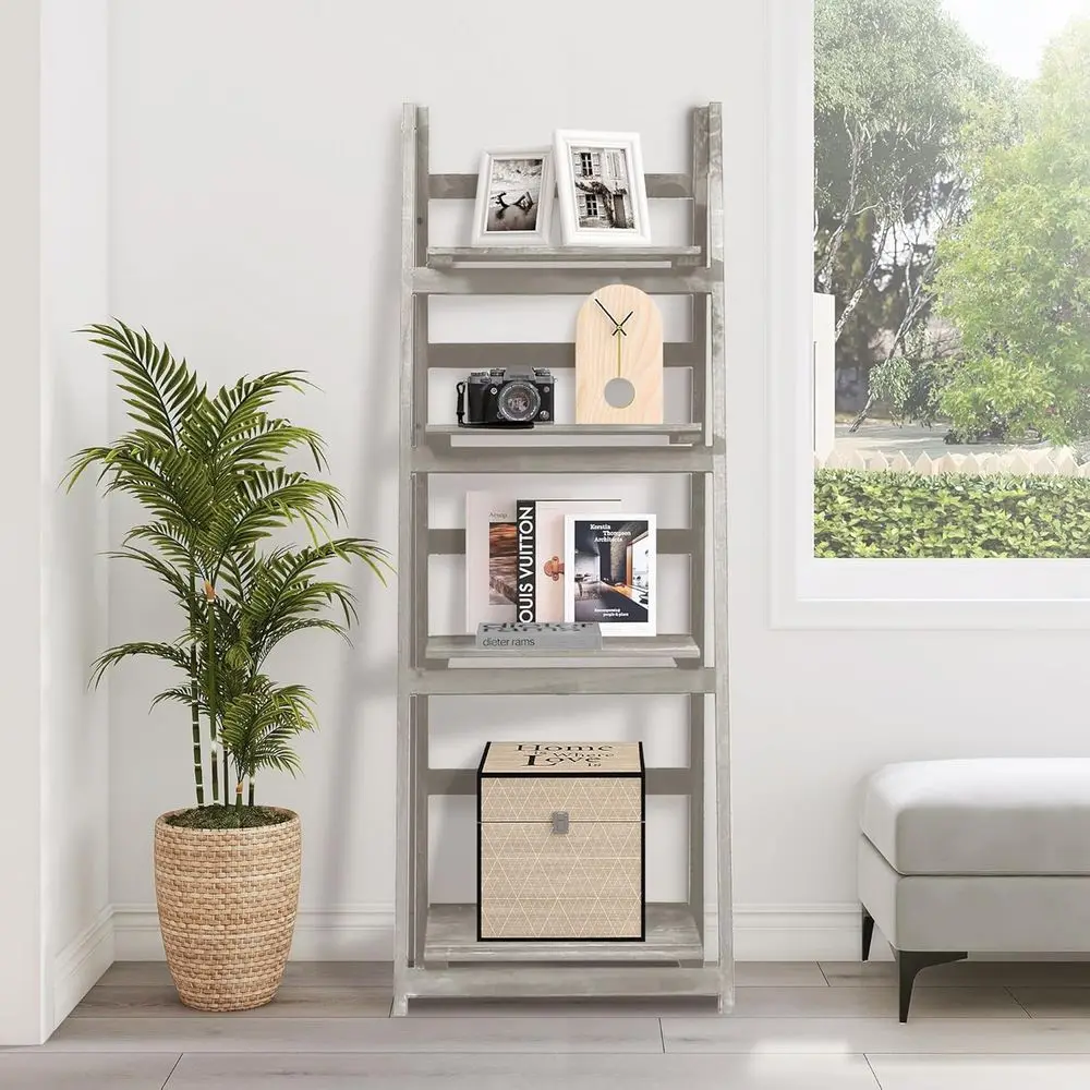 

4-Tier Wooden Ladder Shel - Rustic Bookshel, Plant Stand, Storage Rack or Living Room, Bedroom, Patio, armhouse D