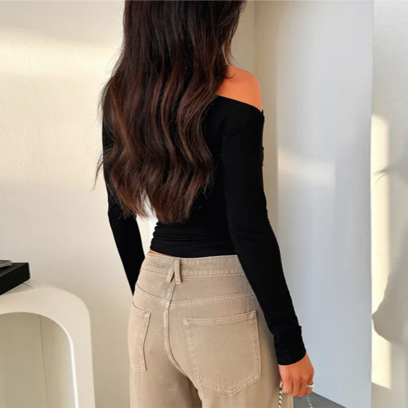 Niestandardowy projekt damski Casualowy długi rękaw Boat Neck Off Shoulder Slim Fit Crop Top Going Out Bluzki Y2K Obcisłe koszule XY24338SKO