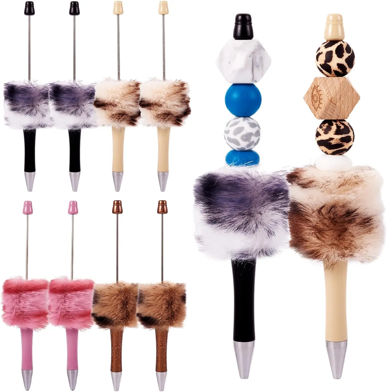 8pcs Fluffy Beadable Pens 4 Colors Leopard Pom Pom Beaded Pens DIY Plastic Assorted Cute Shaft Black Ink Ballpoint Pens for DIY