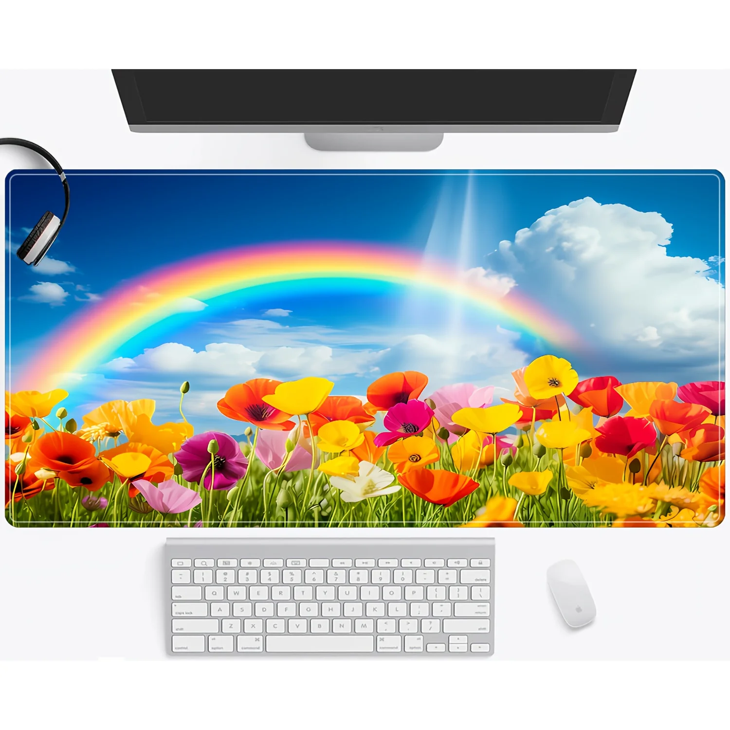 قطعة واحدة من لوحة ماوس كبيرة ممتدة بتصميم قوس قزح وزهور - حصيرة مكتب مطاطية مقاومة للماء مع حواف مخيطة، قاعدة غير قابلة للانزلاق لـ