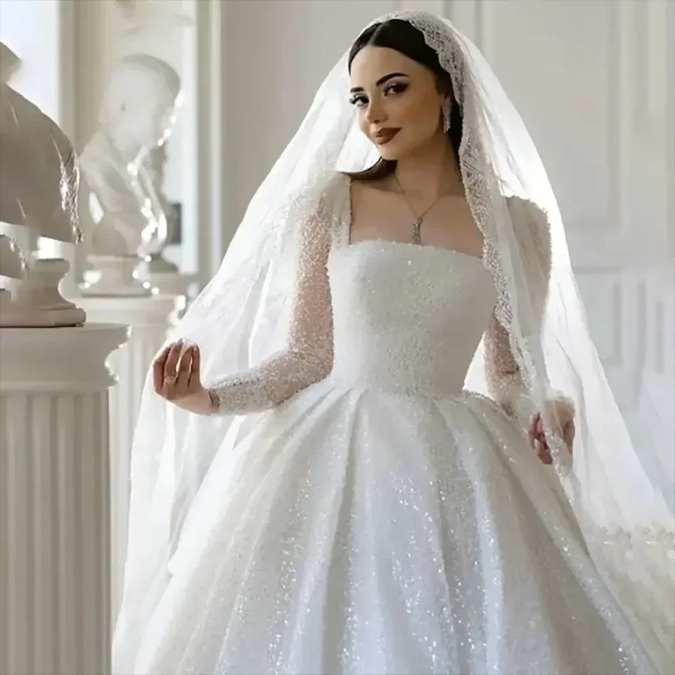 

Elegant White A-Line Lace Bead Embroidered Women's Wedding Dress Sexy Square Neck Long Sleeved Dance Bridal Gown Customized