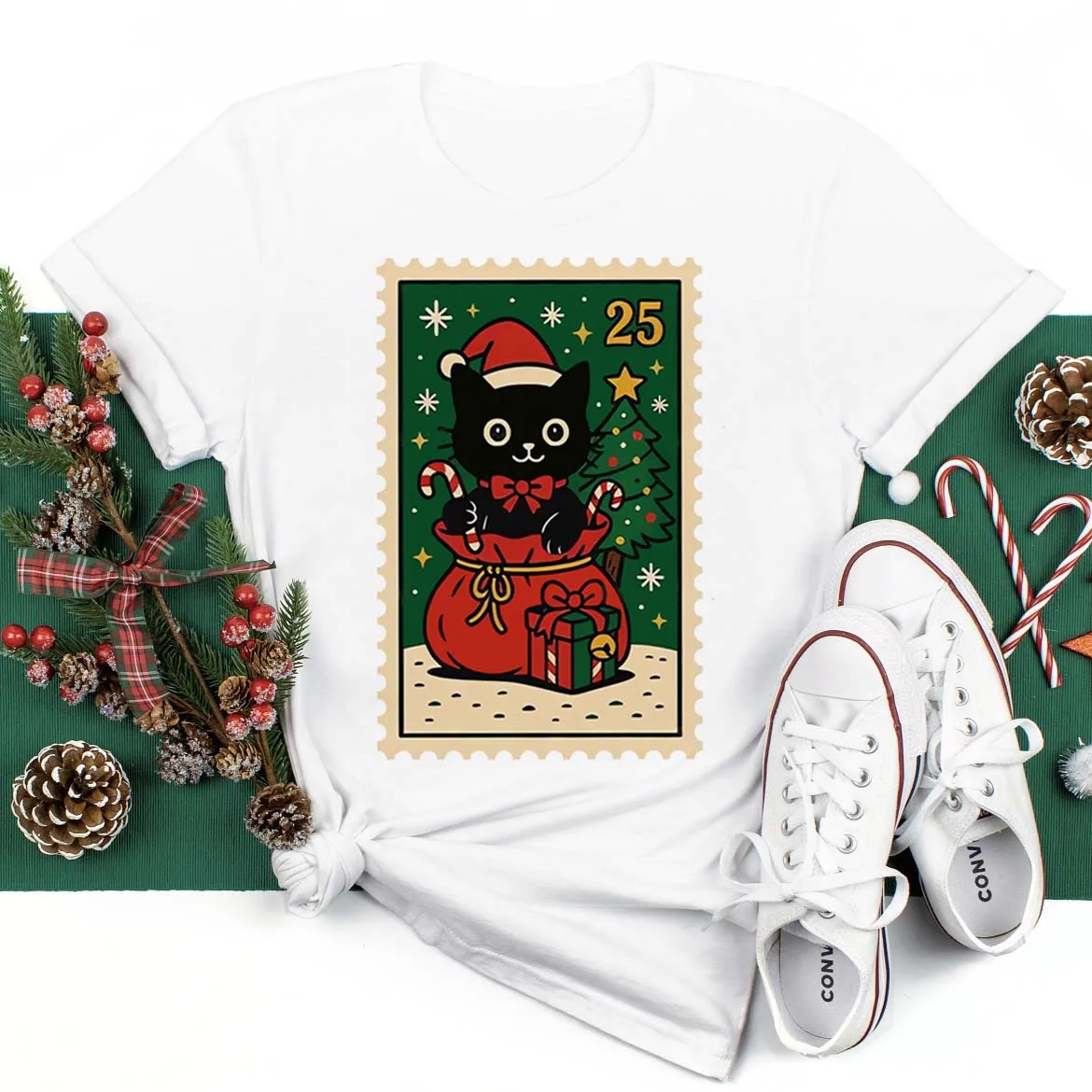 

Christmas Black Cat Pattern T-Shirt Short Sleeve Women's Printed Trendy 90s Clothing Women's Casual Christmas Gift T-Shirt