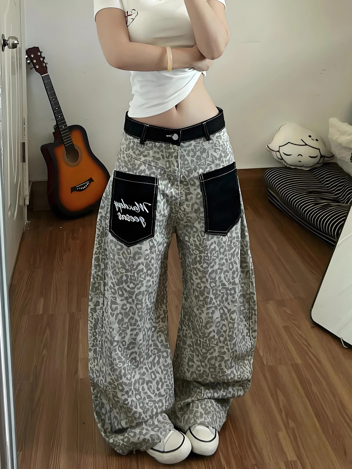 American High Street Leopard Patch Pocket Jeans Loose Wide Leg Pants Spring Casual Long Trousers for Men And Women