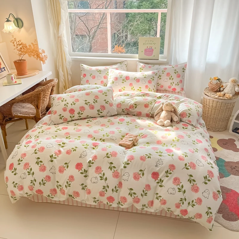 Pink Rose Floral Bunny Duvet Cover 4pcs Bedding Set Lovely Rabbit Comforter Cover Polyester Quilt Cover Flat Sheet 2 Pillowcases