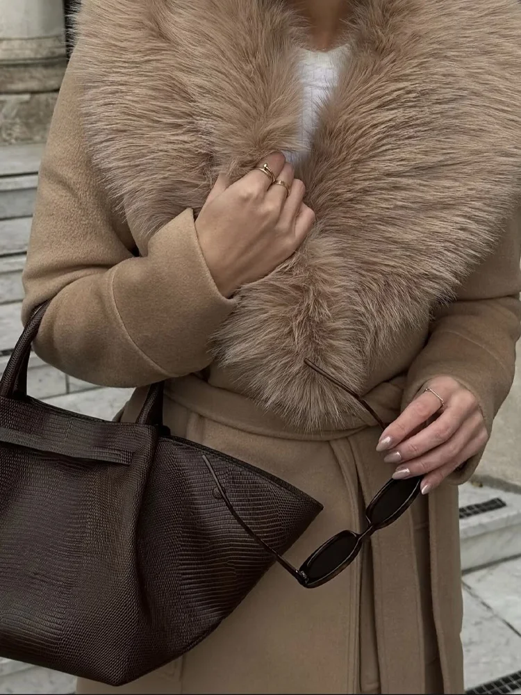 HH-Chaqueta larga de lana con cuello grande para mujer, abrigo elegante con cordones, informal, con dos bolsillos, otoño e invierno, 2025