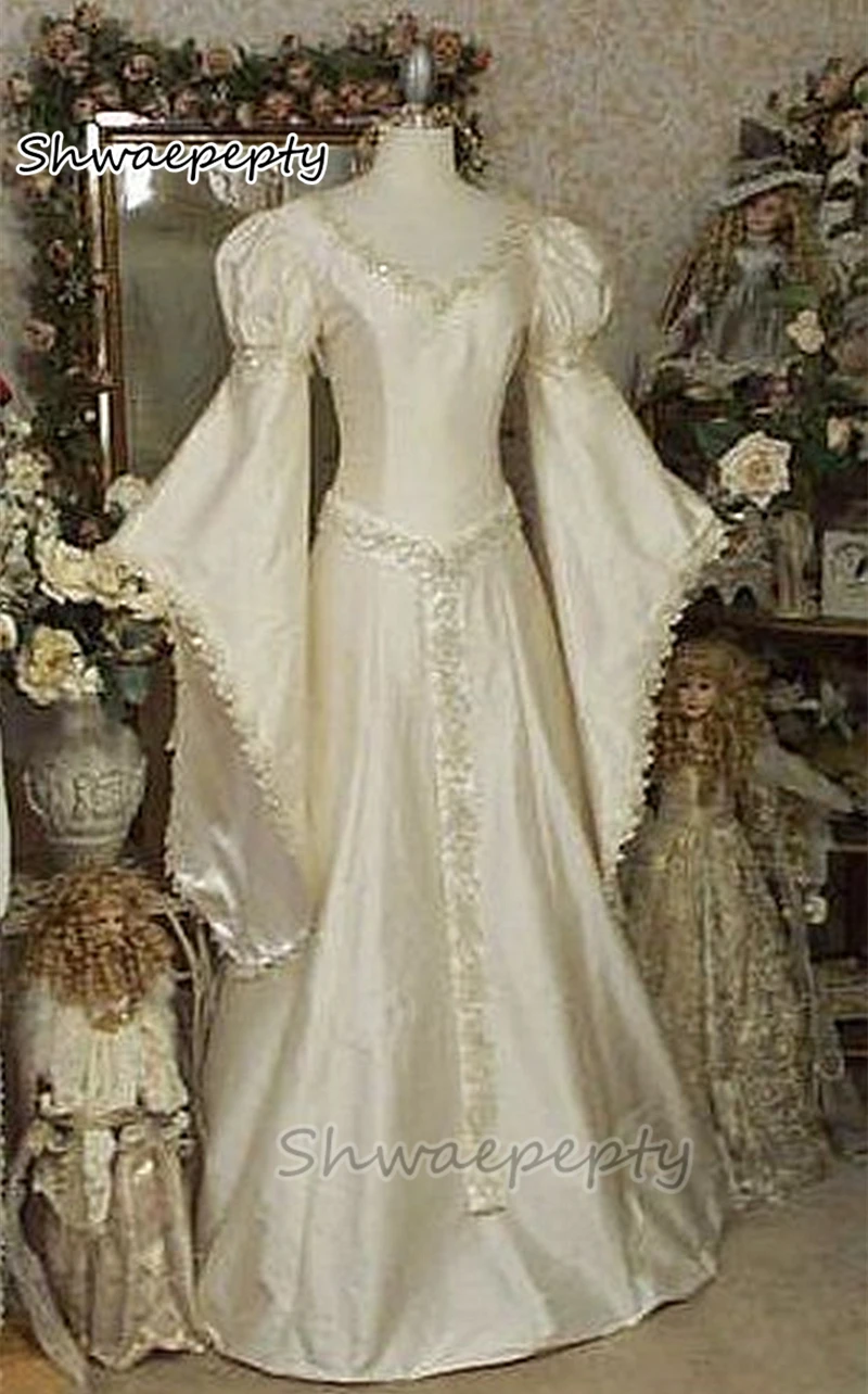 Abito da sposa medievale vintage a linea A con maniche lunghe svasate Abiti da sposa vittoriani rinascimentali Applicazioni in pizzo Abito